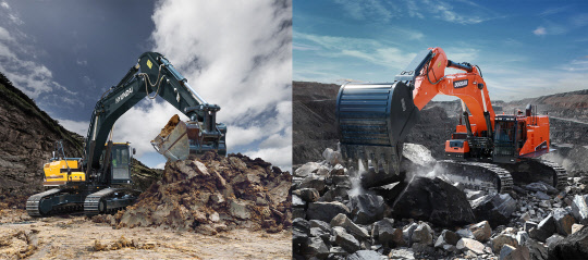 현대제뉴인이 2025년 글로벌 '톱5' 진입을 목표로 글로벌 점유율을 끌어올릴 계획이다. 사진은 현대건설기계(왼쪽)와 현대두산인프라코어(오른쪽) 굴착기 사진. <각 사 제공>